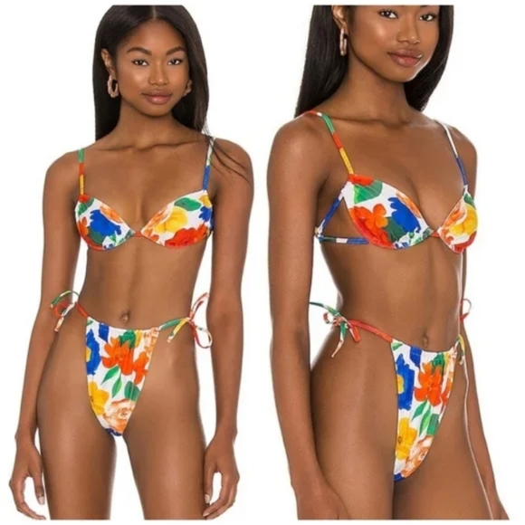 WeWoreWhat Ruched Underwire Bikini Top High Leg Tie Side Bottoms Black - Picture 10 of 12